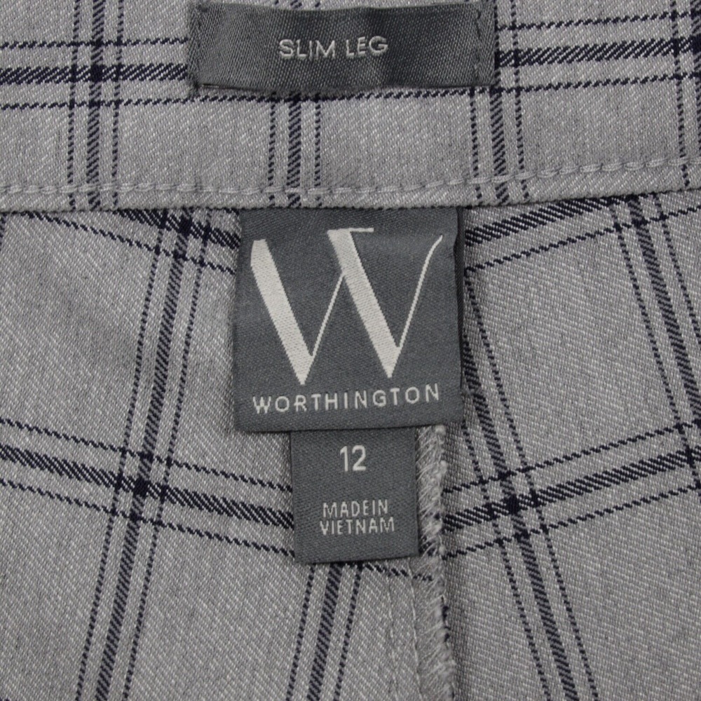 Worthington Women's Slim Leg Invisible Zip‎ Stretch Plaid Pants Gray Size 12 - Picture 7 of 9